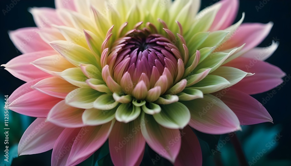 Un primer plano de una vibrante flor de dalia rosa y verde con pétalos suaves y difusos sobre un fondo borroso y verde azulado Un primer plano de una vibrante flor de dalia rosa y verde con pétalos suaves y difusos sobre un fondo borroso y verde azulado