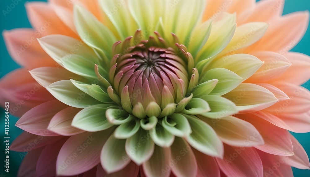 Un primer plano de una vibrante flor de dalia rosa y verde con pétalos suaves y difusos sobre un fondo borroso y verde azulado Un primer plano de una vibrante flor de dalia rosa y verde con pétalos suaves y difusos sobre un fondo borroso y verde azulado