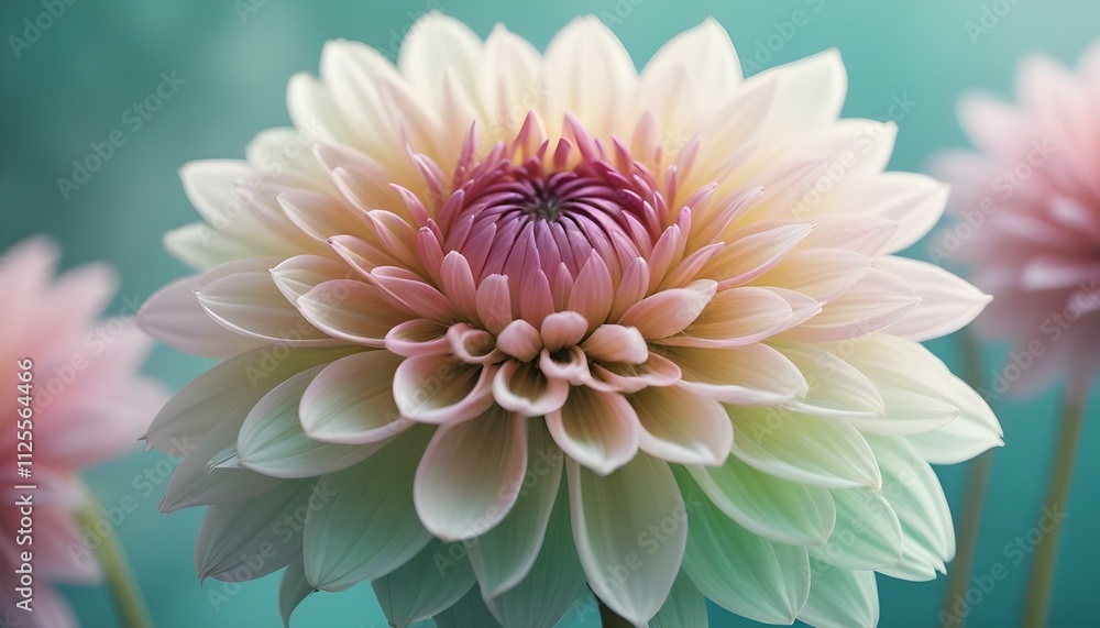 Obraz premium Un primer plano de una vibrante flor de dalia rosa y verde con pétalos suaves y difusos sobre un fondo borroso y verde azulado
