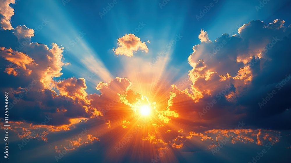 The sun is shining brightly through the clouds, creating a beautiful and serene scene. The warm light casts a golden glow over the sky, making it look like a painting The sun is shining brightly through the clouds, creating a beautiful and serene scene. The warm light casts a golden glow over the sky, making it look like a painting