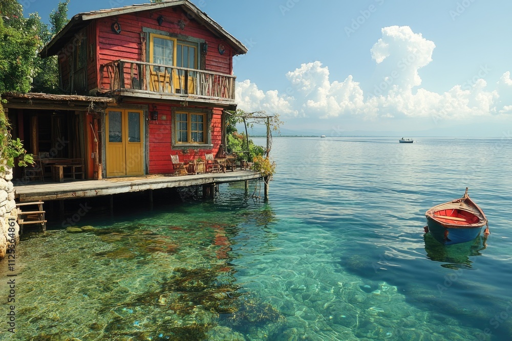 Obraz premium A cozy red house sits atop the calm surface of a lake or ocean, surrounded by serene natural beauty