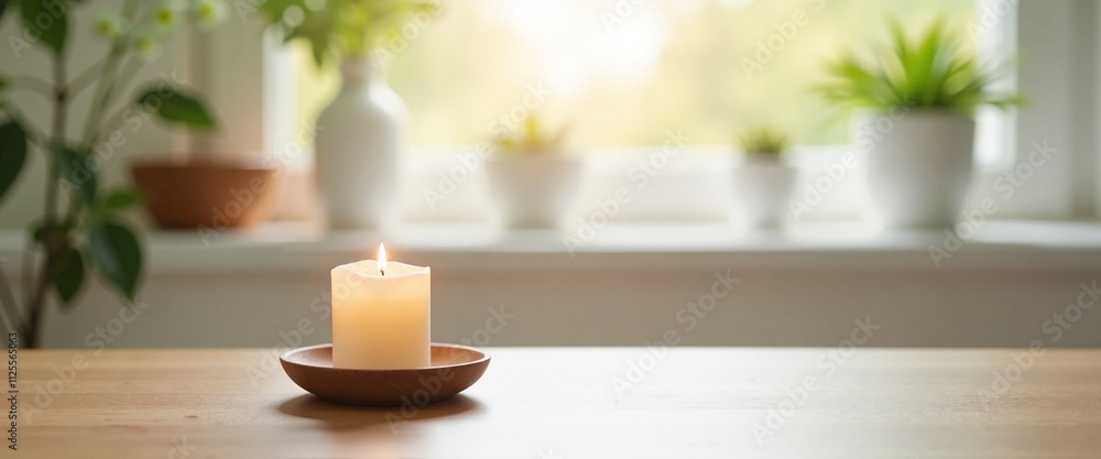 custom made wallpaper toronto digitalLit candle with serene ambiance creating cozy atmosphere against bright window with plants
