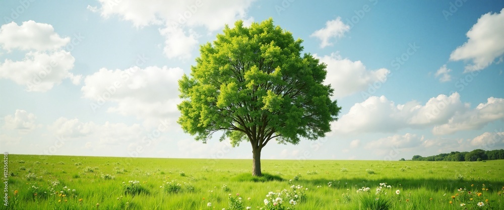 Solitary Tree with Vibrant Foliage Standing in Lush Green Meadow Against Blue Sky with Copy Space Solitary Tree with Vibrant Foliage Standing in Lush Green Meadow Against Blue Sky with Copy Space