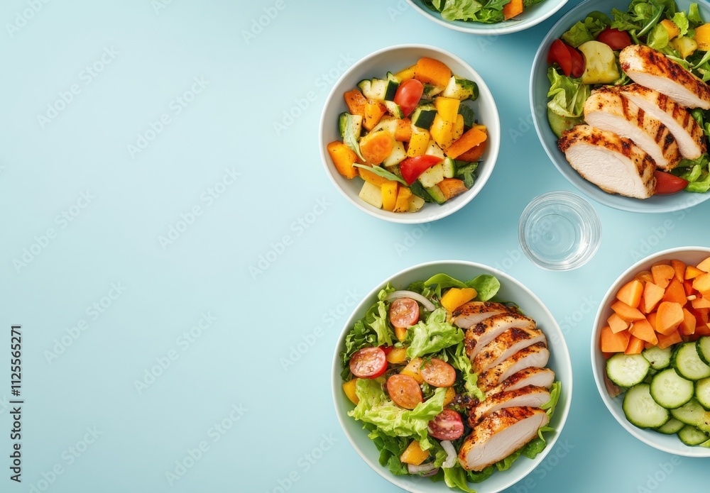Fresh and Healthy Meal Prep with Grilled Chicken, Colorful Salads, and Nutritious Vegetables for a Balanced Diet on a Light Blue Background Fresh and Healthy Meal Prep with Grilled Chicken, Colorful Salads, and Nutritious Vegetables for a Balanced Diet on a Light Blue Background