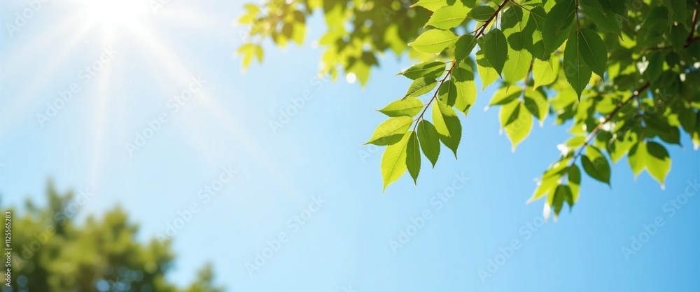 Vibrant green leaves basking in sunlight against clear blue sky with copy space Vibrant green leaves basking in sunlight against clear blue sky with copy space