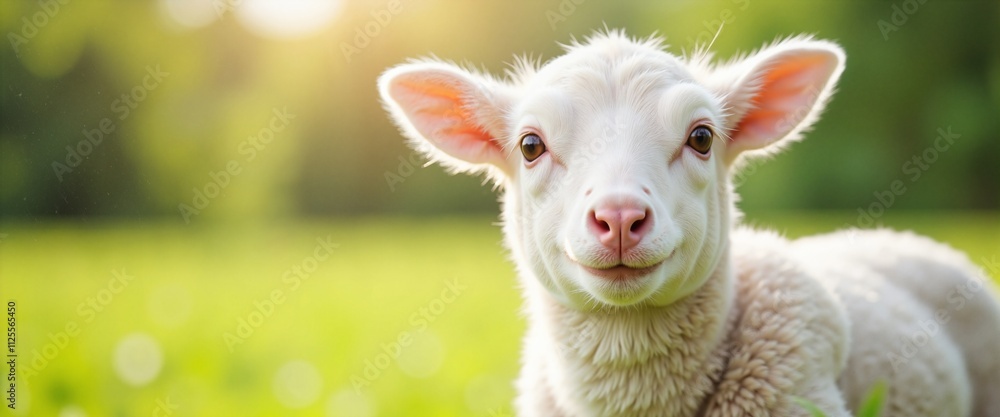 Fototapeta premium Adorable white lamb with curious expression in sunny green field
