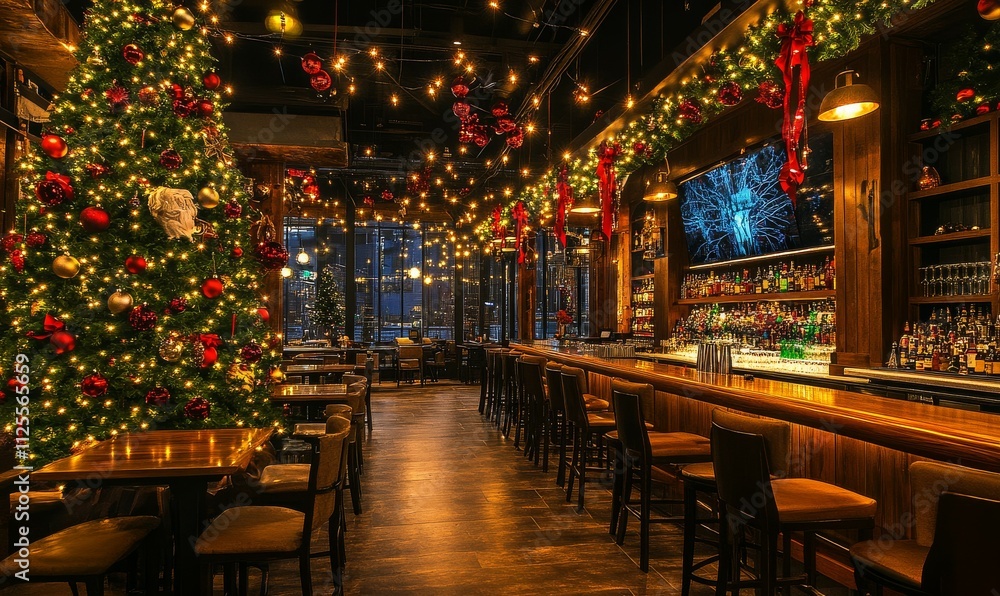 Christmas trees, a festively adorned tree, and winter-inspired decorations with bokeh effects for a bar or restaurant. Christmas trees, a festively adorned tree, and winter-inspired decorations with bokeh effects for a bar or restaurant.