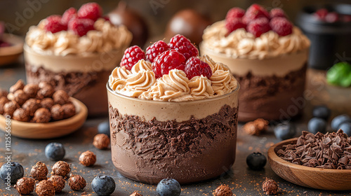 Decadent chocolate mousse dessert with fresh raspberries and whipped cream