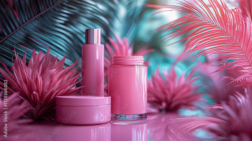 Pink cosmetic bottles surrounded by vibrant tropical leaves Pink cosmetic bottles surrounded by vibrant tropical leaves
