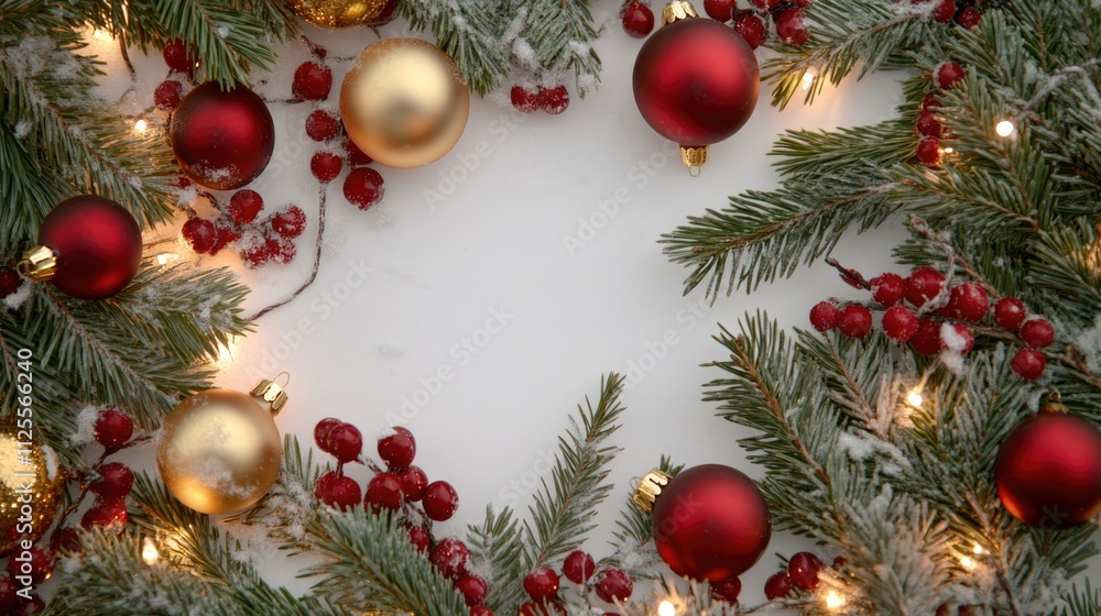 A festive Christmas wreath adorned with red and gold ornaments, perfect for decorating doors or walls A festive Christmas wreath adorned with red and gold ornaments, perfect for decorating doors or walls