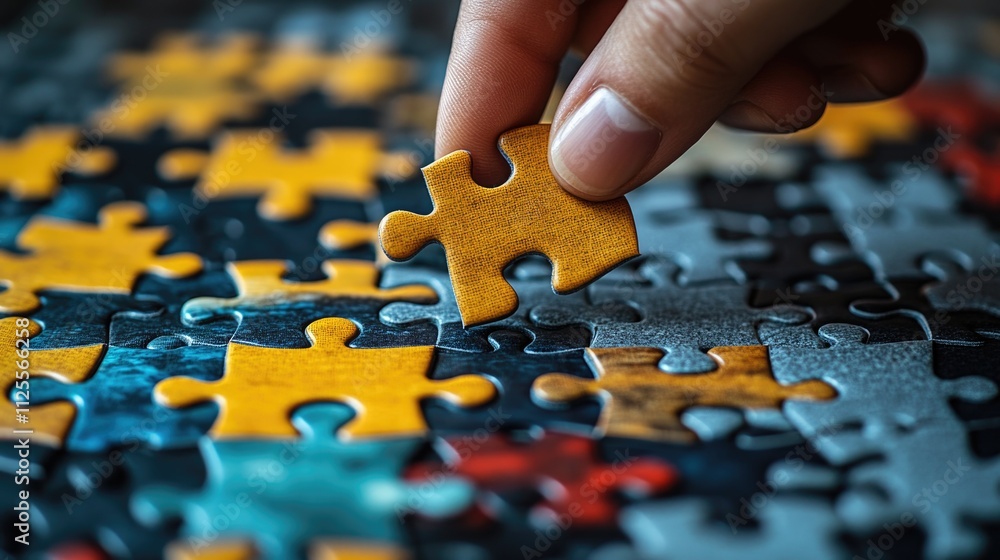A person assembling a jigsaw puzzle with one piece in place, focusing on the next step A person assembling a jigsaw puzzle with one piece in place, focusing on the next step