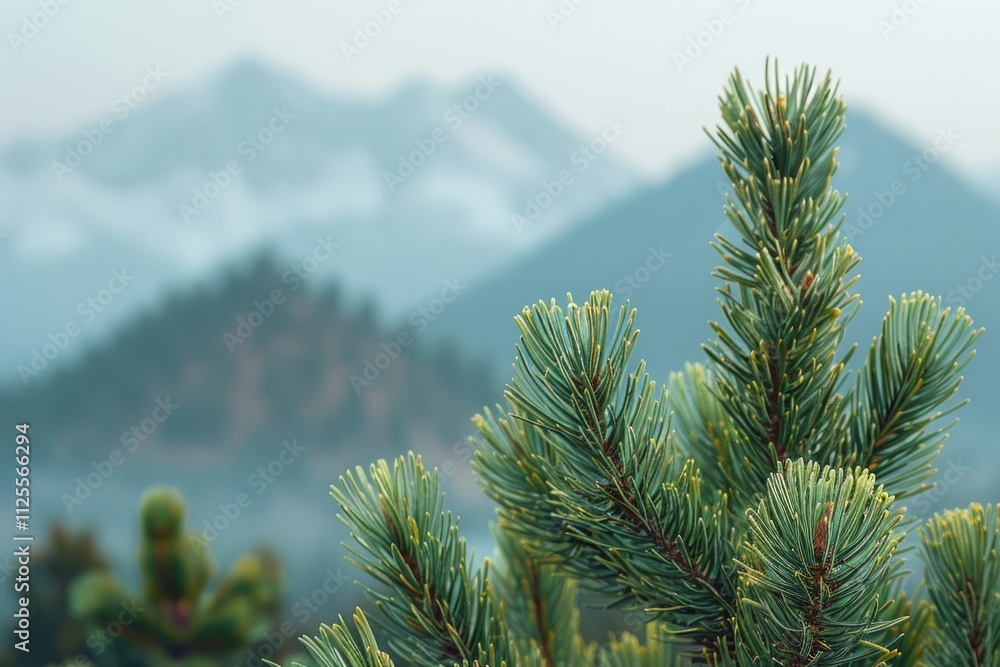 A close-up shot of a pine tree with majestic mountains in the background A close-up shot of a pine tree with majestic mountains in the background