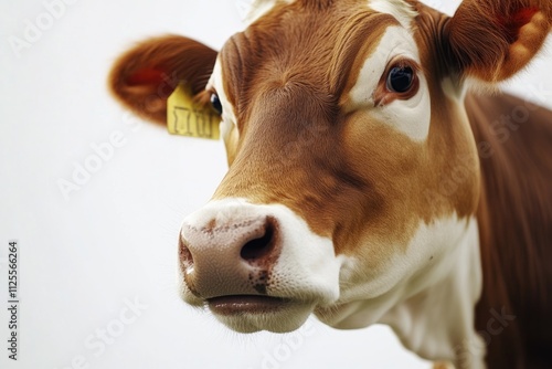 A close-up view of a brown and white cow's face, suitable for agriculture or farm-themed projects photo