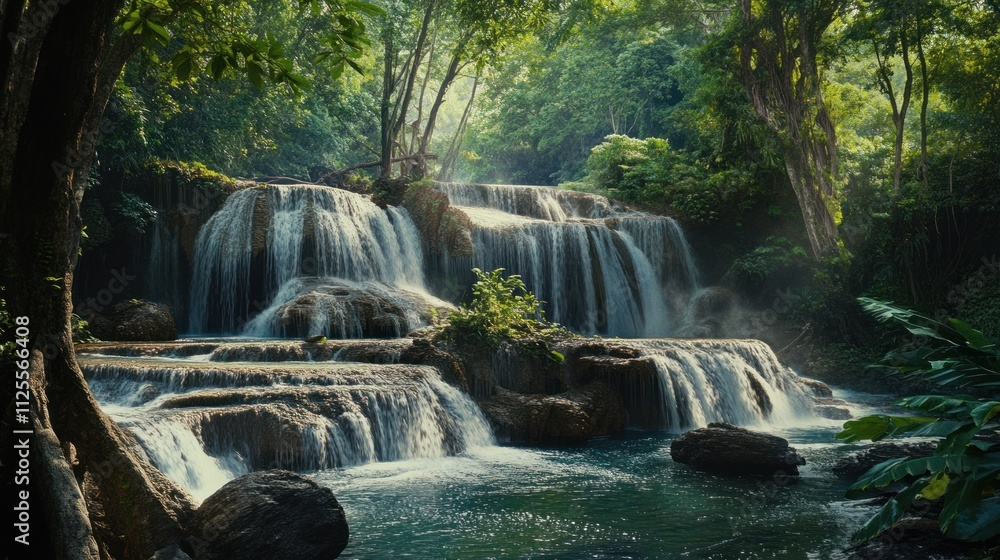 Naklejka premium Serene Waterfall in Lush Tropical Forest