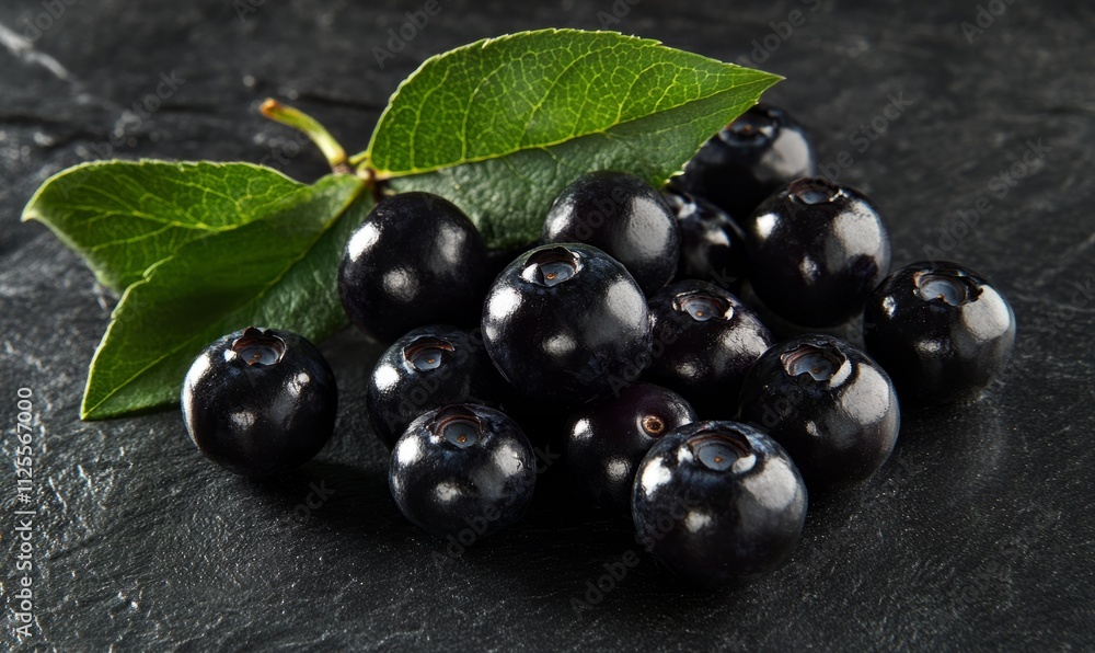 Close-up of freshly picked dark blueberries among others on a dark background. Close-up of freshly picked dark blueberries among others on a dark background.