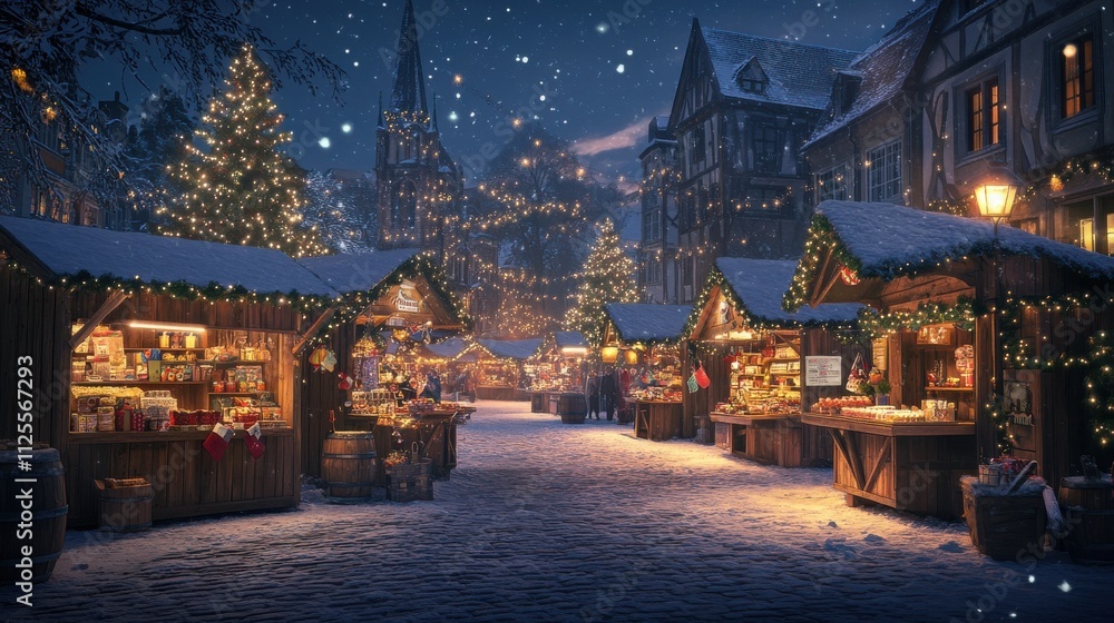 Festive Christmas market at night, snow falling on wooden stalls and Christmas tree.