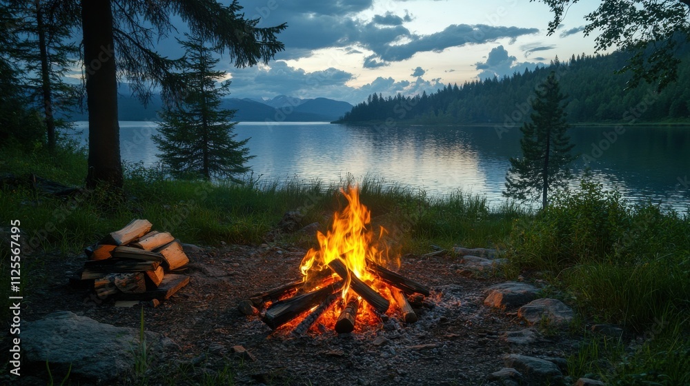Campfire burning brightly by tranquil lake at dusk. Campfire burning brightly by tranquil lake at dusk.
