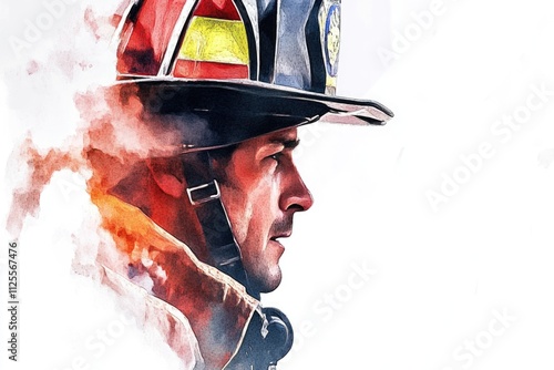 A fireman wearing his helmet in a watercolor illustration photo