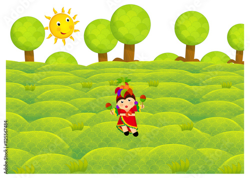 cartoon scene with character withl outfit costume representing his her nationality standing in park during summer illustration for children