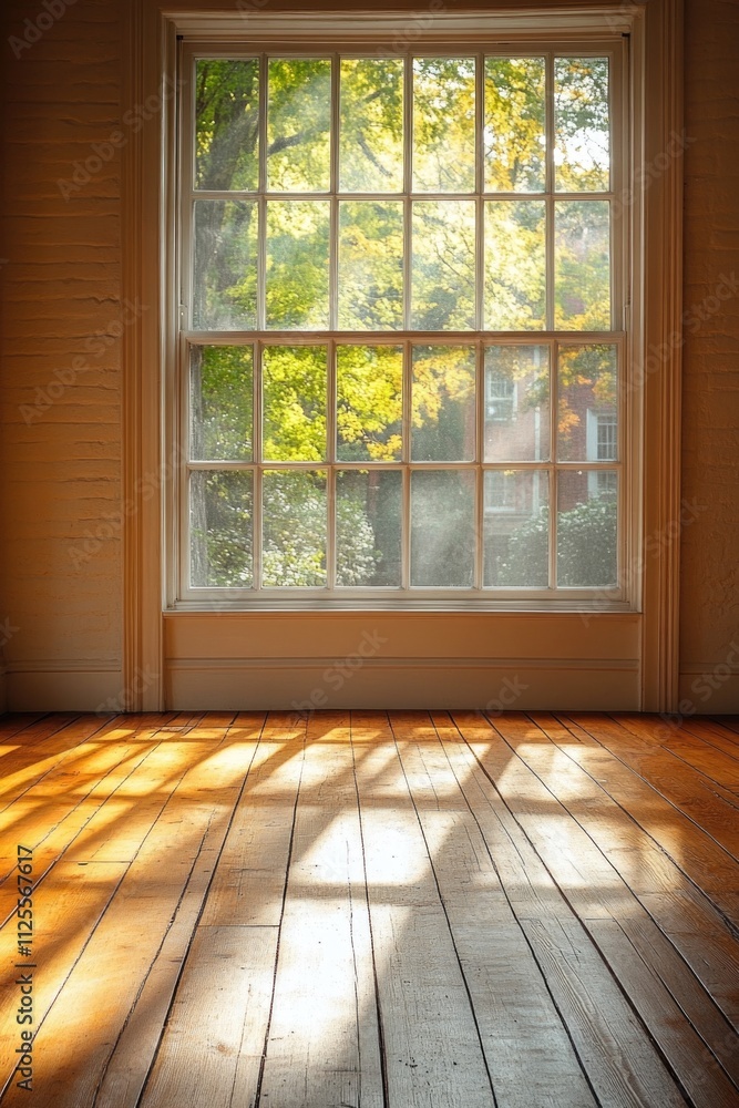 Interior space with wooden flooring and natural light from the window Interior space with wooden flooring and natural light from the window