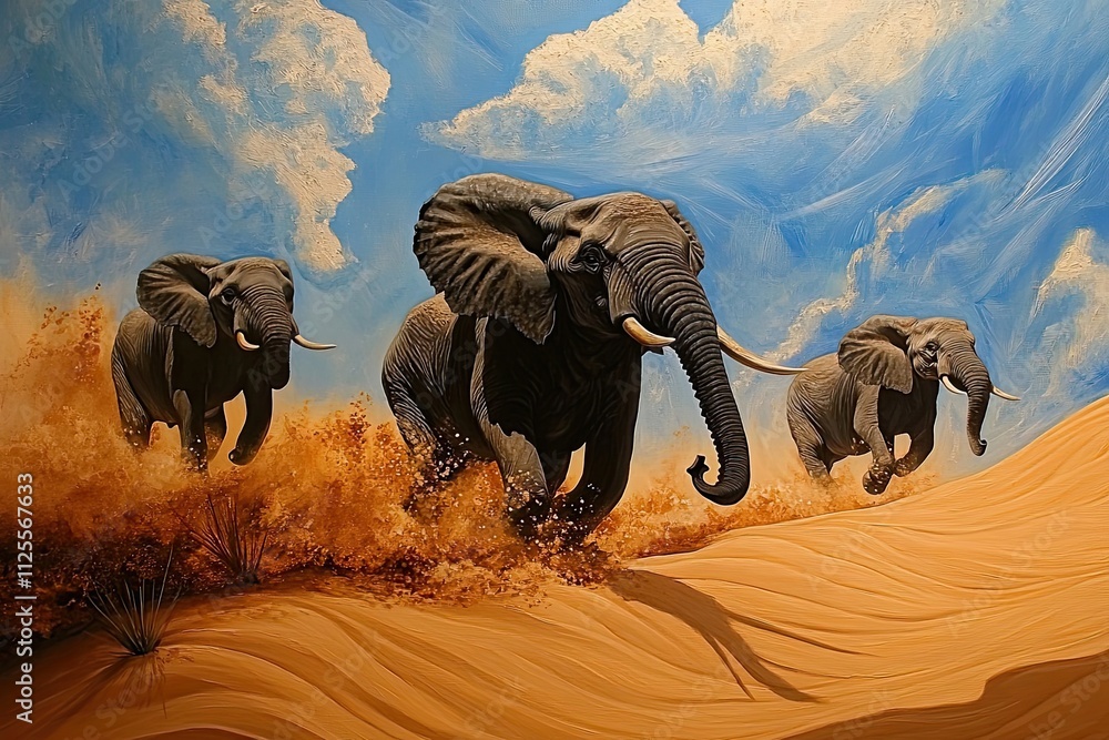 Fototapeta premium Three Elephants Running Across Sandy Desert Under Blue Sky