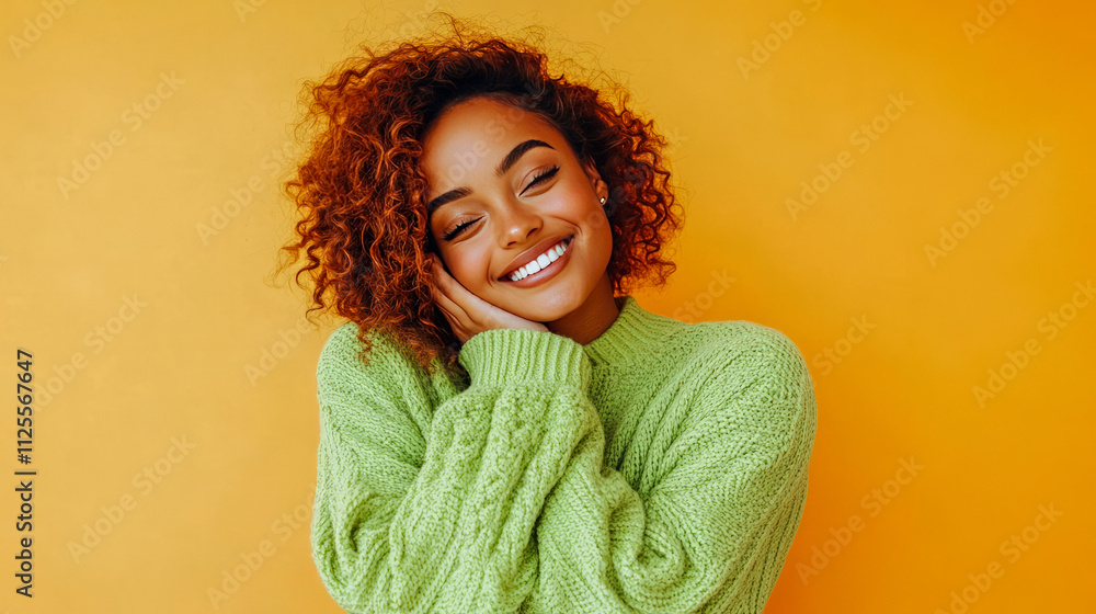 Cheerful young african female in green sweater with bright orange background Cheerful young african female in green sweater with bright orange background