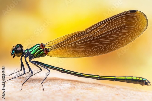 A close-up of a dragonfly perched on someone's arm, with its delicate features and iridescent wings visible photo