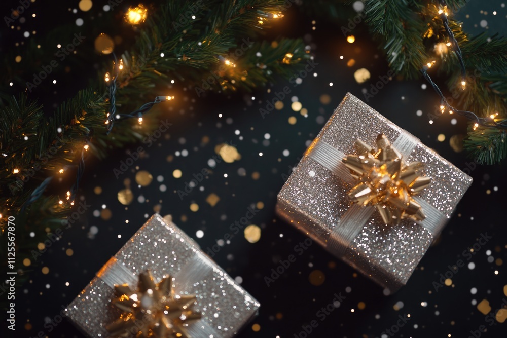 A pair of gifts on top of a decorated Christmas tree A pair of gifts on top of a decorated Christmas tree