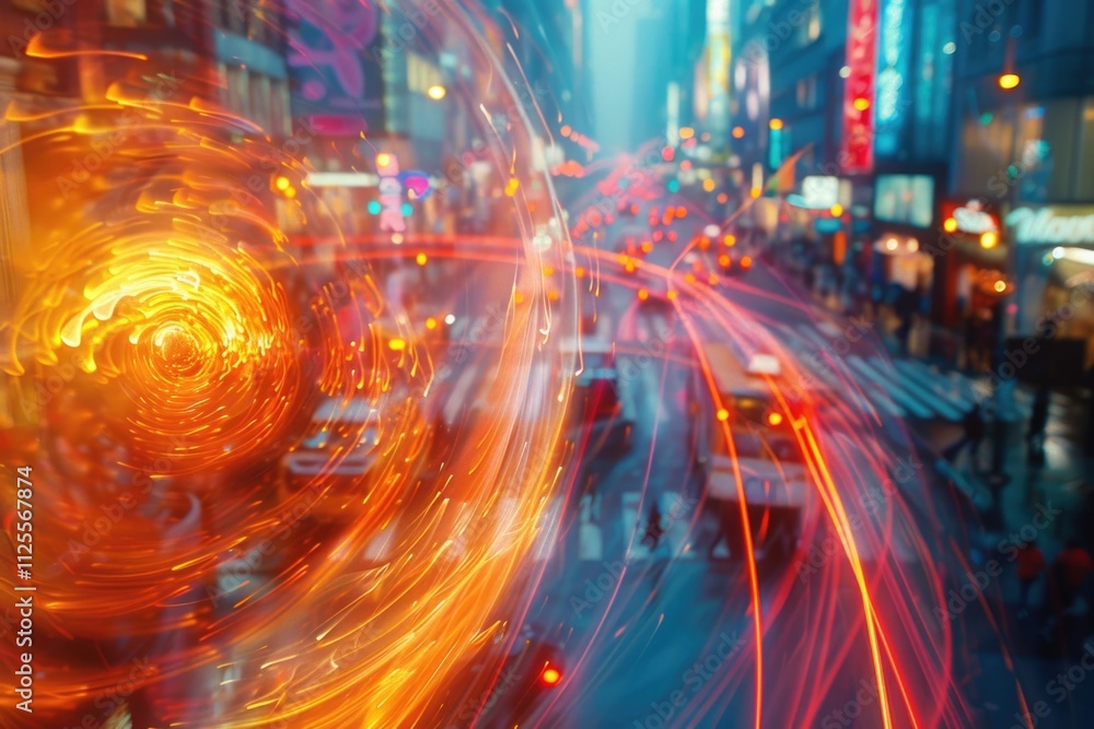 A blurred image of a city street at night with various lights and buildings in the background A blurred image of a city street at night with various lights and buildings in the background