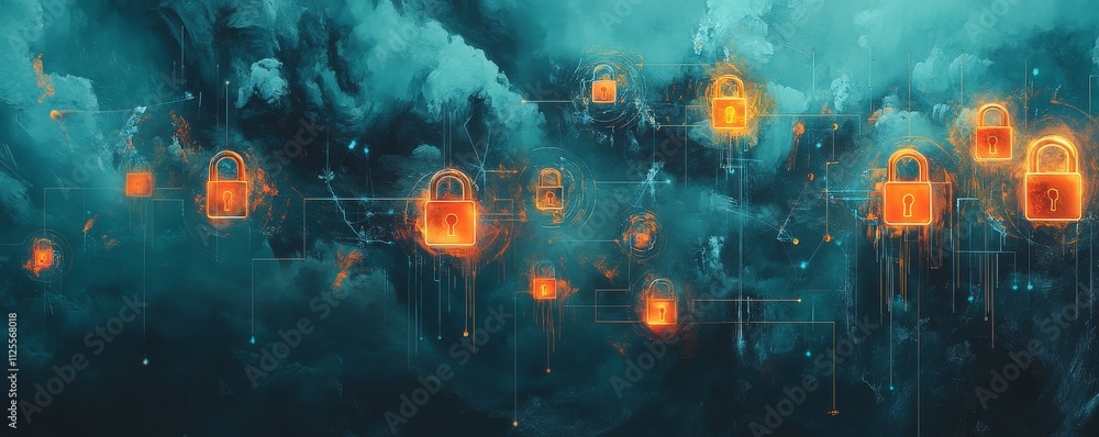 Obraz premium Cloud network with digital padlocks, glowing icons representing safe data exchange and protection in cloud security