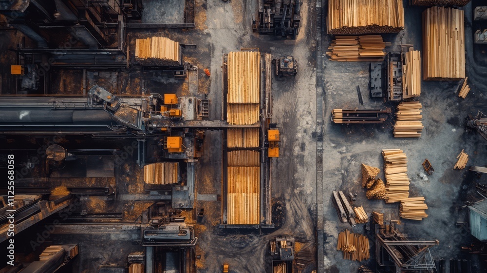 Aerial view of lumber yard with machinery and stacked wood. Aerial view of lumber yard with machinery and stacked wood.