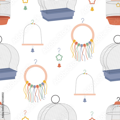 Bird Toys and cages seamless pattern. Accessories for the birdcage. Swings, perches and bells for entertaining parrots. Fun background to use in design. Vector wallpaper for wall or packaging.