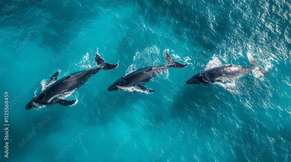 Fototapeta premium Aerial view of three humpback whales swimming in turquoise ocean.