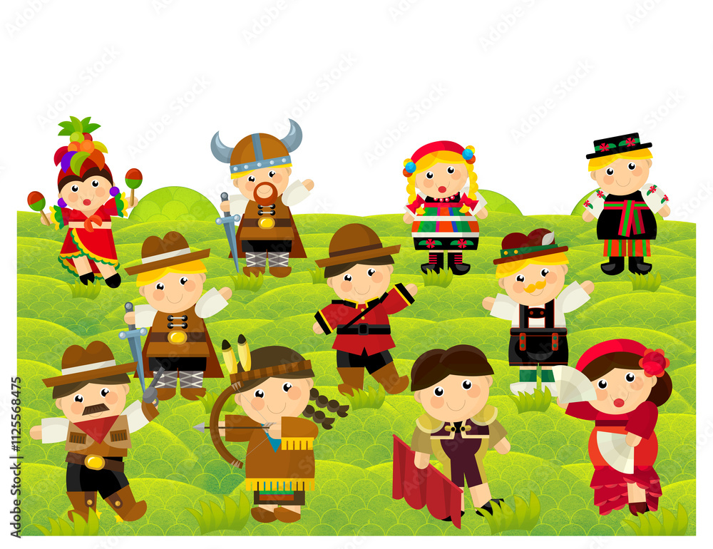 Fototapeta premium cartoon scene with character withl outfit costume representing his her nationality standing in park during summer illustration for children