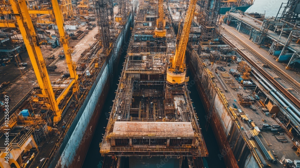 Aerial view of shipyard with ships under repair. Aerial view of shipyard with ships under repair.