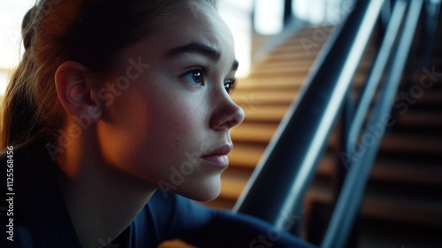 A young woman sits comfortably on a set of stairs, possibly lost in thought