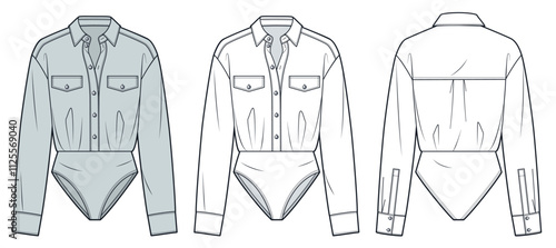 Collared Shirt technical fashion Illustration. Button Up Bodysuit fashion flat technical drawing template, cuff long sleeve, front and back view, white, blue, women, men, unisex CAD mockup set.