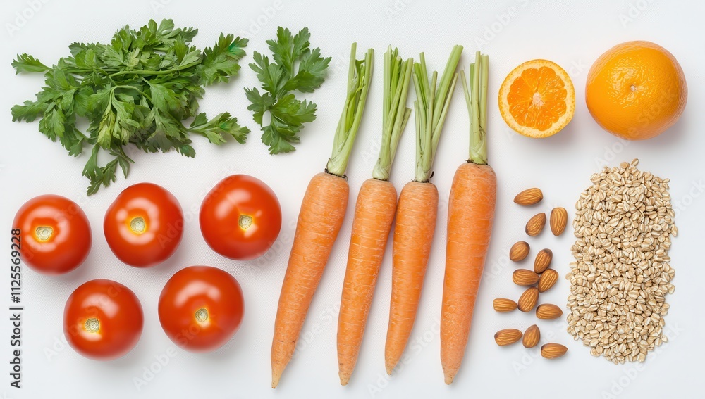 Fresh Organic Vegetables and Fruits Including Carrots, Tomatoes, Oranges, Cilantro, Almonds, and Oats Styled on a Clean White Surface for Healthy Eating Concepts Fresh Organic Vegetables and Fruits Including Carrots, Tomatoes, Oranges, Cilantro, Almonds, and Oats Styled on a Clean White Surface for Healthy Eating Concepts