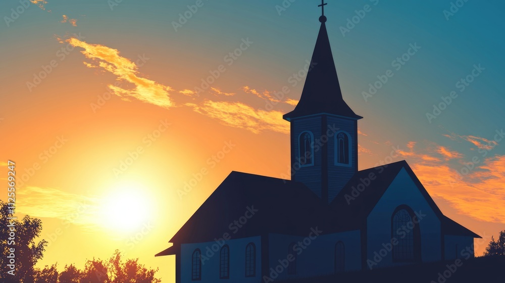 Fototapeta premium A church with a tall steeple against the warm colors of a setting sun
