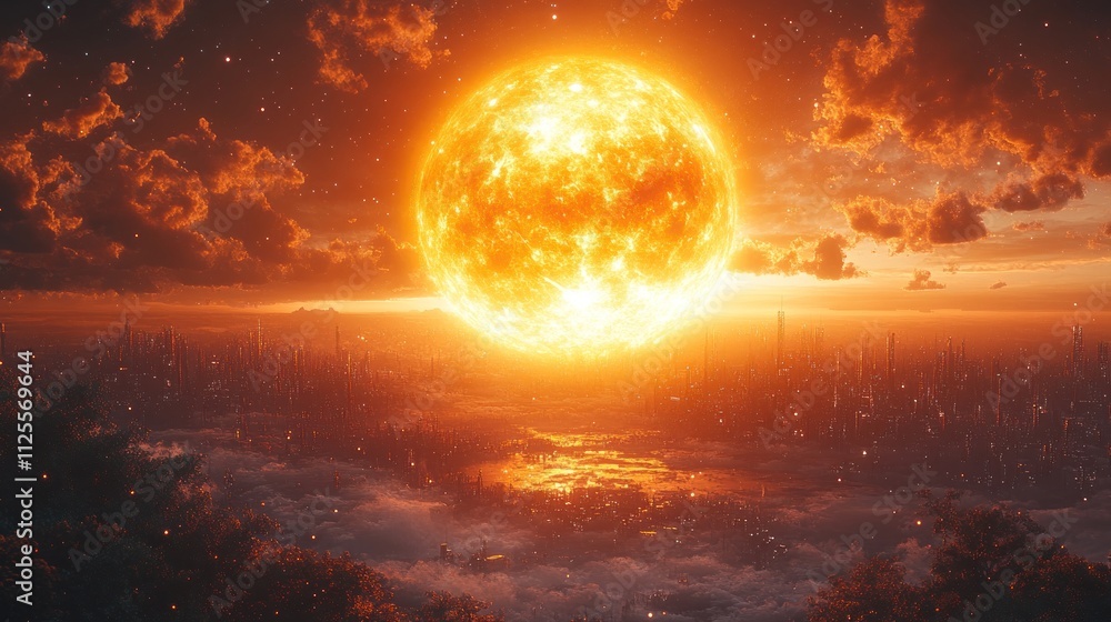 Futuristic city skyline at sunset with enormous, fiery sun. Futuristic city skyline at sunset with enormous, fiery sun.