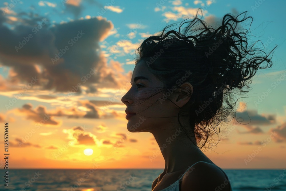 Fototapeta premium A woman stands alone on a beach at sunset, looking out at the vast ocean