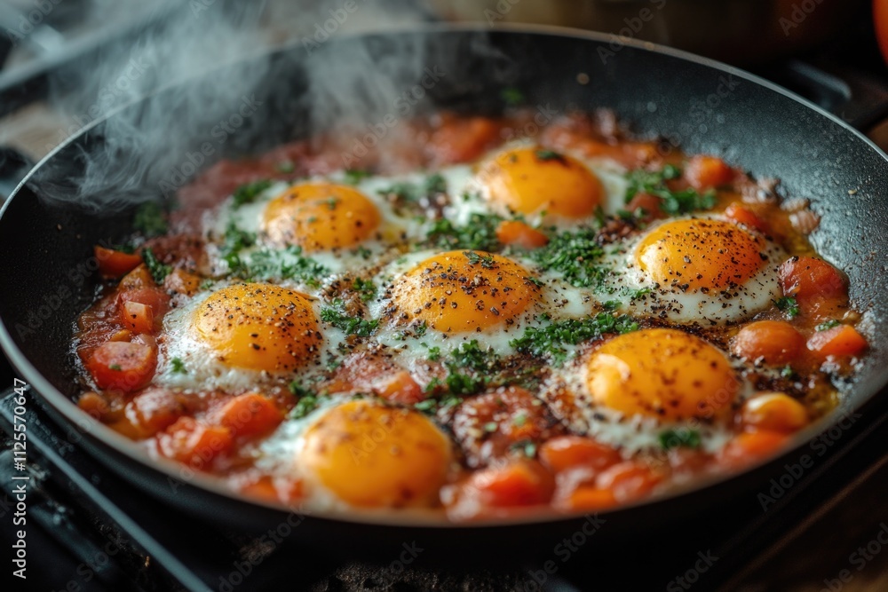 Fresh eggs being cooked in a pan on a stovetop, perfect for breakfast or brunch Fresh eggs being cooked in a pan on a stovetop, perfect for breakfast or brunch