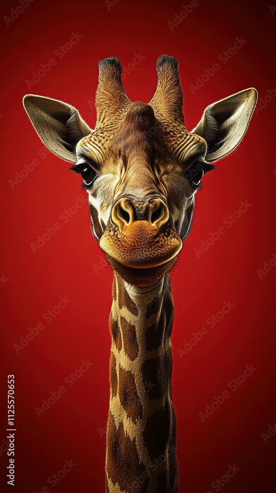 Fototapeta premium A giraffe portrait against a red background. AI.