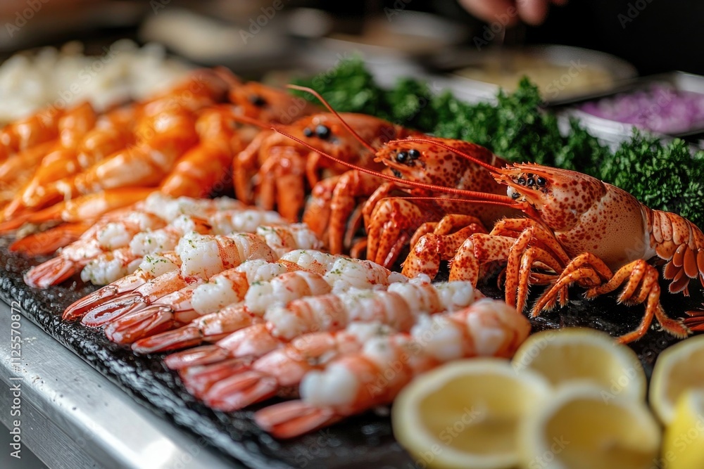 Close-up view of a variety of shrimp arranged on a tray Close-up view of a variety of shrimp arranged on a tray