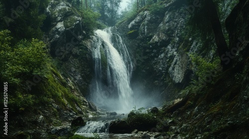 Misty waterfall cascading down rocky cliffs in lush green forest.