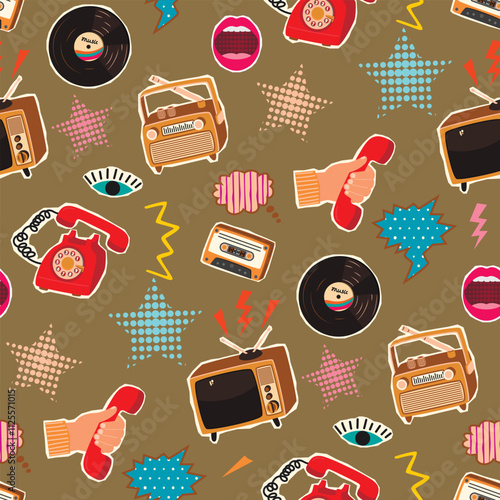 Cartoon seamless pattern with retro devices from the 80s,90s.Vintage TV, rotary phone, radio, cassette, vinyl record, open mouth, eye, hand,stars.Vector cartoon designs set.Flat color illustration.