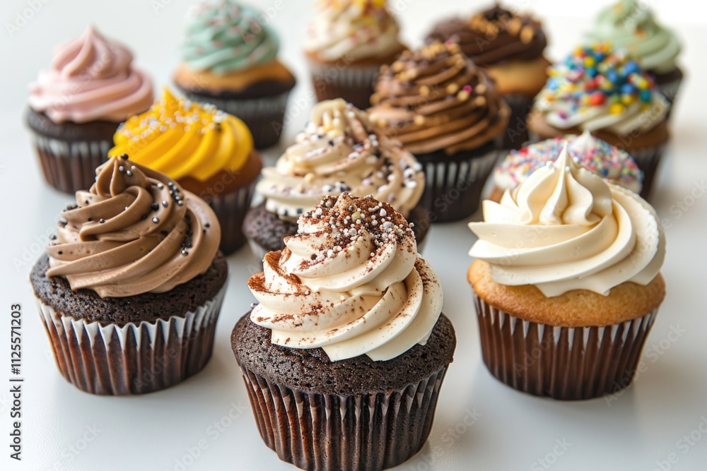 A variety of cupcakes with different toppings on a table, ready for serving or display A variety of cupcakes with different toppings on a table, ready for serving or display
