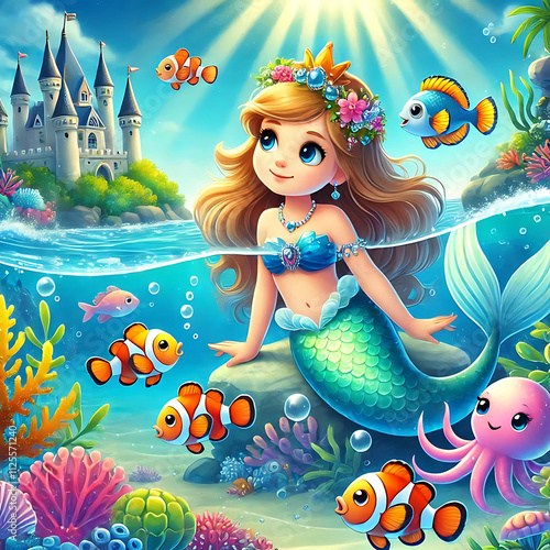 Cute fairy mermaid sit on sea or ocean bottom with bubble in hand. Cartoon vector illustration of underwater landscape with bright tropical corals and seaweeds, fishes and girl with tail and long hair