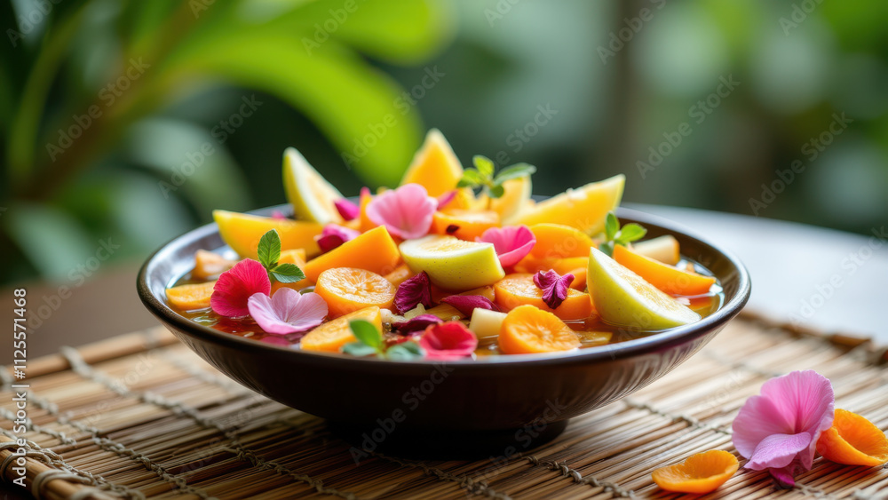 A close-up photo of a vibrant fruit salad with fresh flowers. A close-up photo of a vibrant fruit salad with fresh flowers.