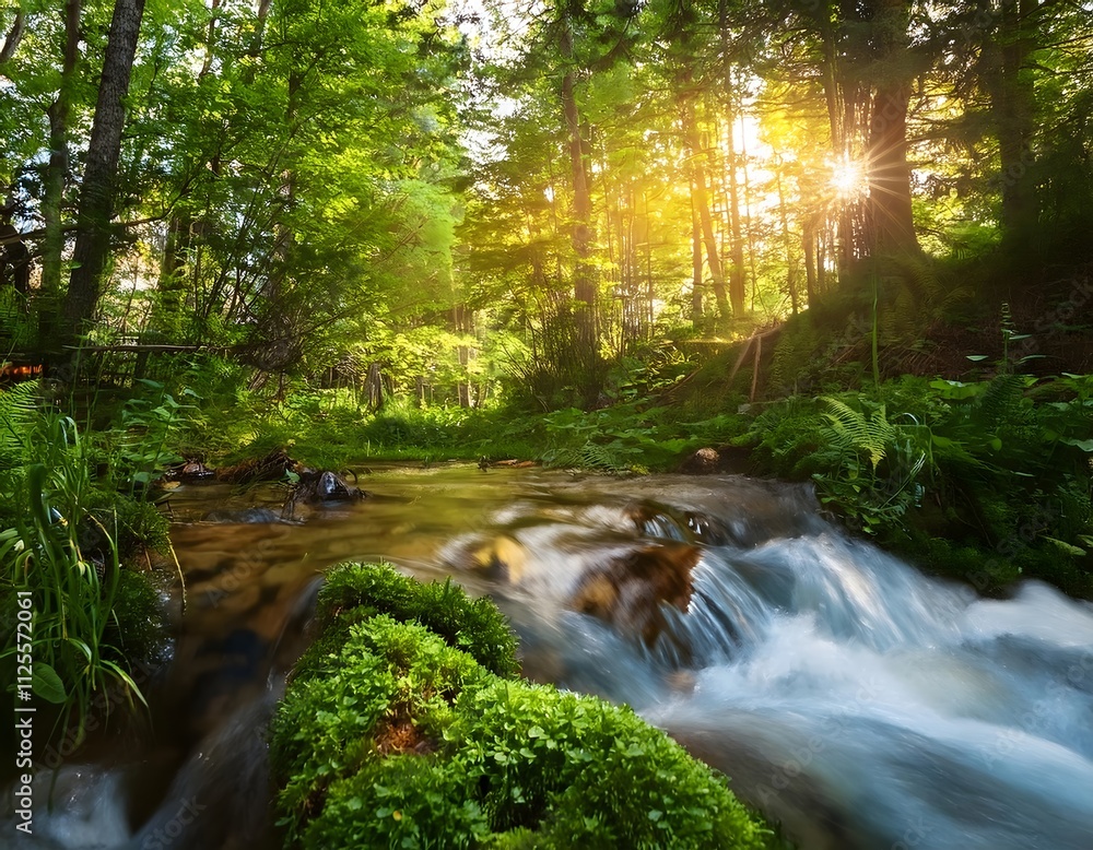 Forest Stream with Sunlight and Moss